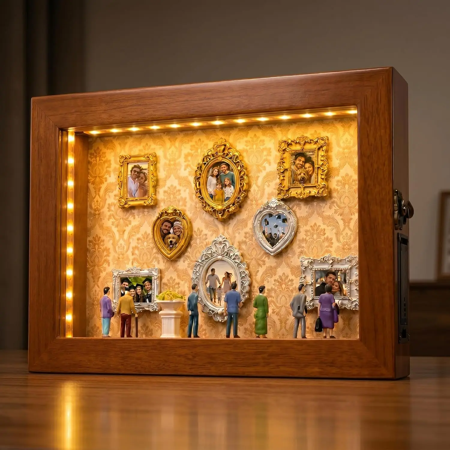 LED Mini Museum Shadow Box Kit with Door Frame, Mini Memory Display with 8 Mini Frames and 12 Figurines, Personalized  for Engagement Gifts for Couples