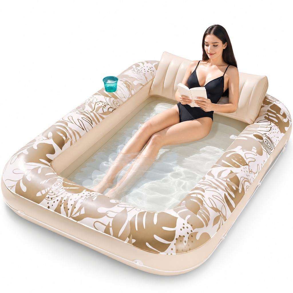 Inflatable Sun Lounger Float Ring with Cup Holder, 70x46 Inch Extra Large Adult Float with Pillow, 4-In-1 Pool Float, Party Gift