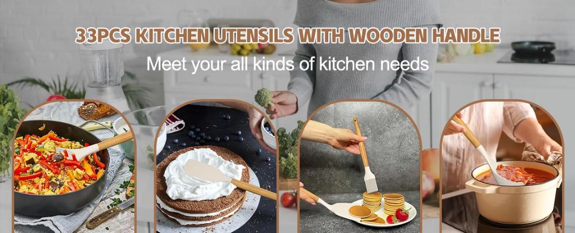 18 Piece High Quality Silicone Kitchenware SetWith Wooden Handle & Knife- Non-Stick CookingTools & Bamboo Storage Container -PerfectKitchen Tools For Easy Cooking & CleaningUtensils White Black Pink