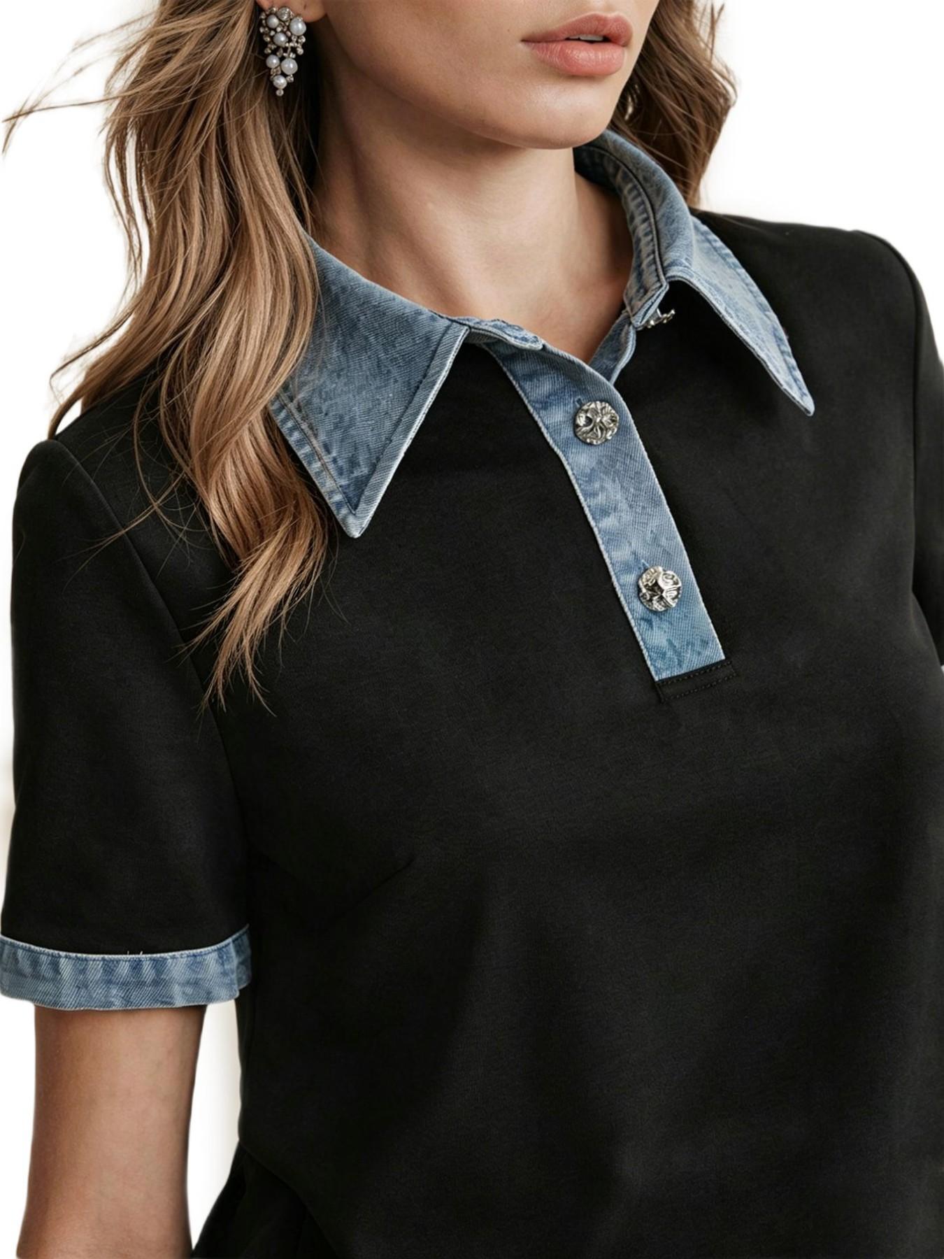 Summer New Holiday Patchwork Blue Woven Polo Neck Short Sleeve Women's Top, Casual Stylish and Comfortable Ladies' Shirt