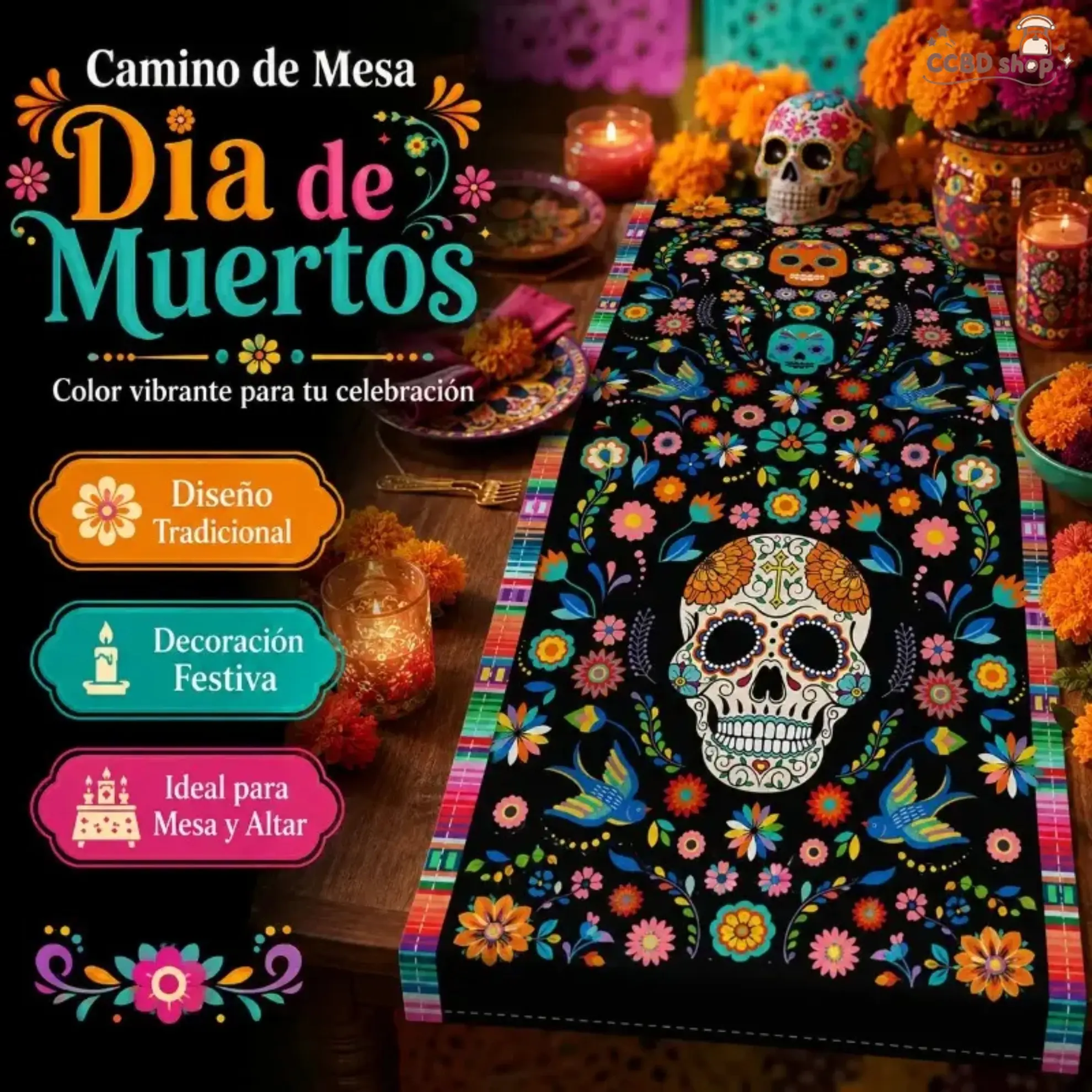 Men's Festival Protective Rectangular Day of the Dead Table Runner Jewelry Set - Sugar Skull, Marigold Floral Design, Mexican-Inspired Decor for Halloween, Fiesta, Plus Love Heart Chain, Cross Fine Necklace & Earring