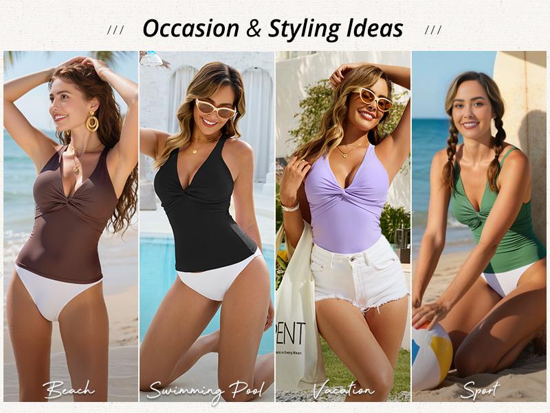 GRAPENT Tankini Tops for Women Swimwear Twisted V Neck Bathing Suit Beach Vacation Modest Padded Swimsuit Swim Top Only