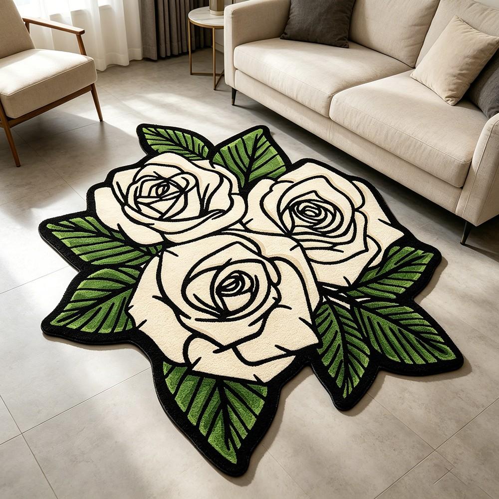 Vintage Cream Rose Shaped Rug, French Luxury Floral Living Room Bedroom Carpet, Soft Comfortable Mat for Coffee Table Sofa Tea Table Dressing Room