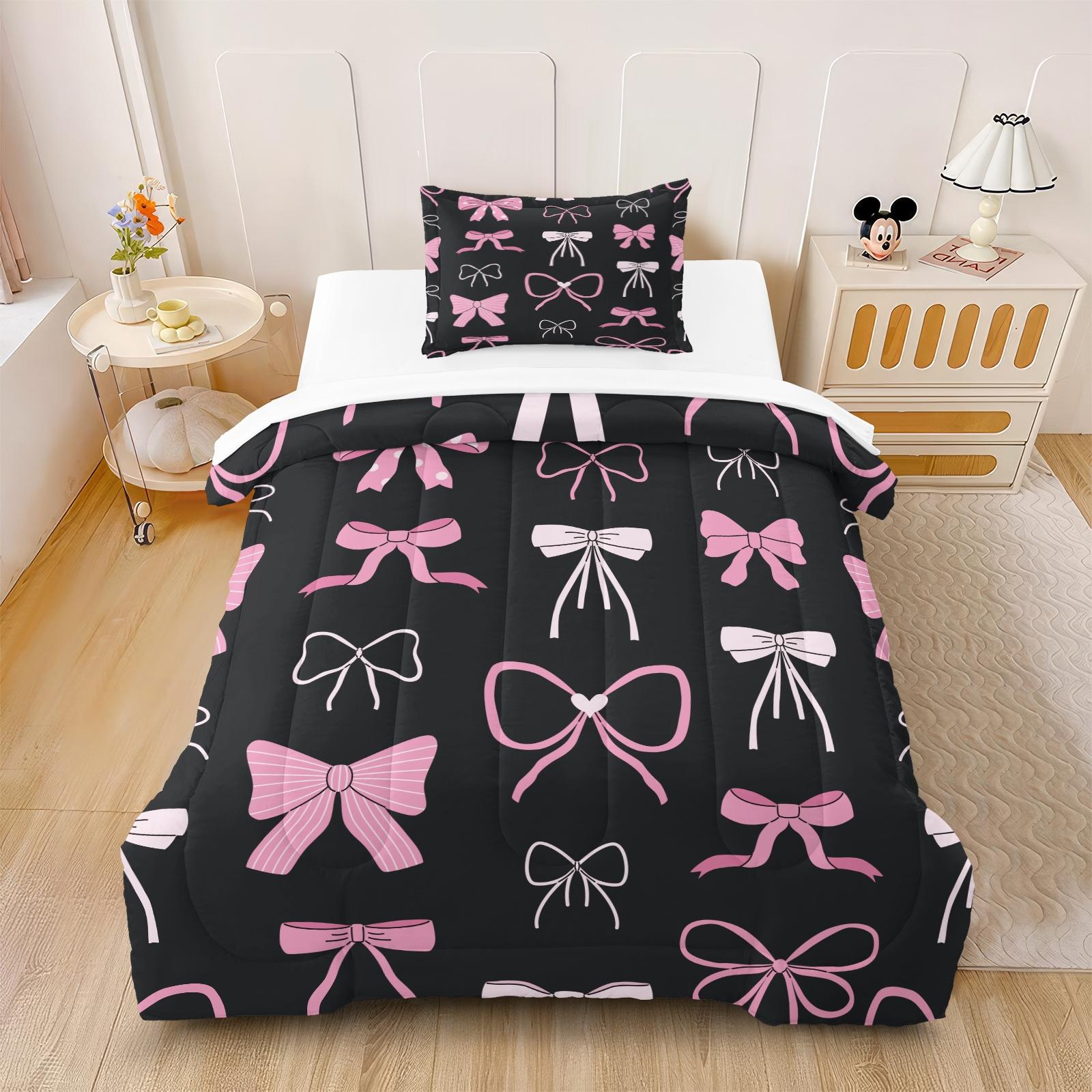 2/3 Pcs Coquette Pink Bow Print Comforter Set, Cute Y2K Aesthetic Bedding Set, Soft Warm Breathable & Fade Resistant Digital Print, Ideal for Girls Bedroom Dorm Guest Room Decor, All Season Use - Without Pillow Insert