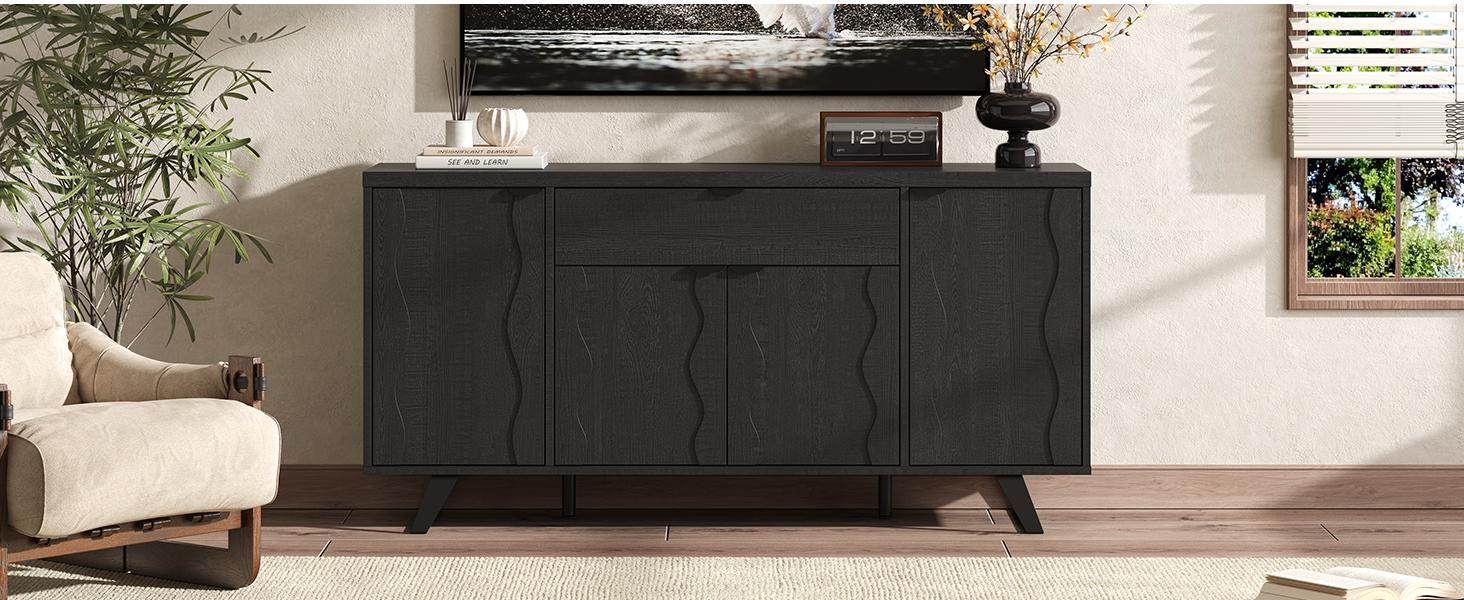 【Wavy Panel Design】ONBRILL 63" Sideboard Buffet Cabinet, Kitchen Buffet Storage Cabinet, Mid Century Modern Storage Cabinet with 4 Doors & Shelves, Wood Coffee Bar Console Wine Bar for Living Room, Kitchen,Hallway