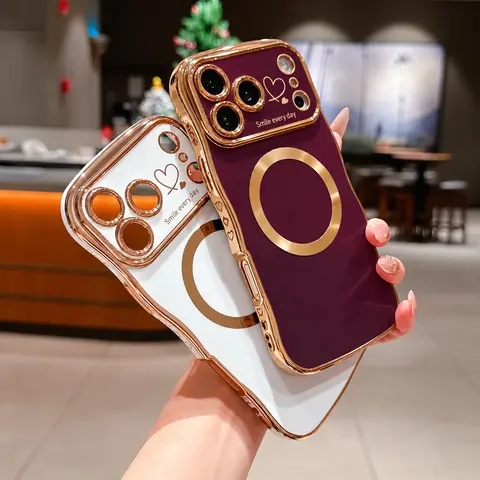 OREKROY Magnetic Phone Case for iPhone 18/17/16/15/14/13/12 Pro Max, Magsafe-Compatible, Curly Wave Plating Frame Cute Love Heart Casing, Full Camera Lens Protection Soft Durable TPU Shockproof Phone Cover
