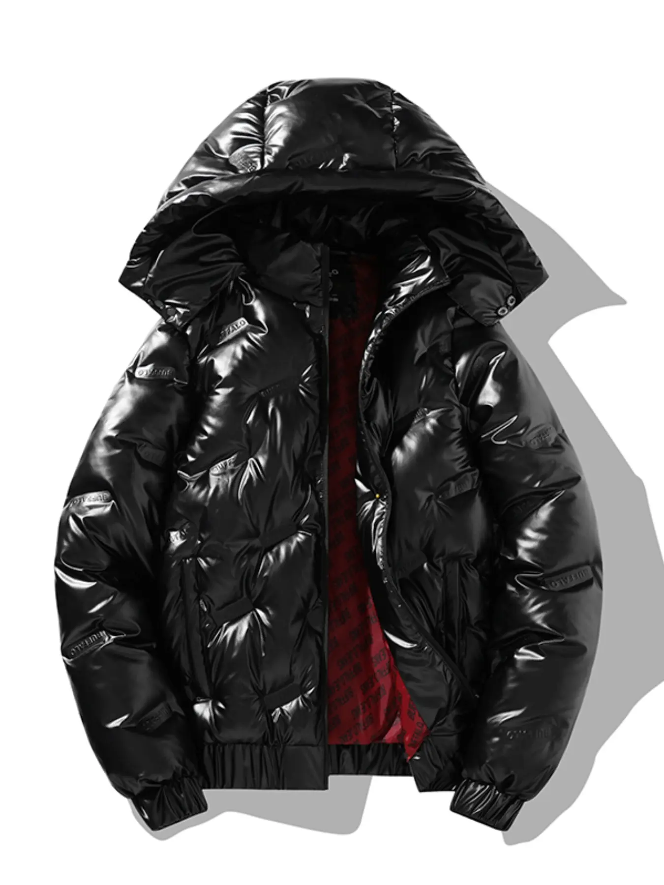 Men Shiny Embossed Quilted Puffer Jacket Detachable Hood Stand Collar Zip‑Up Rib Cuff Hem Windproof Warm Winter Padded Coat For Men Street Daily Outfit Hooded Casual Jacket