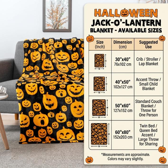 Halloween Fleece Couch Throw Blanket, 60x80 in Soft Plush Warm Black Fall Cabin Blanket with Orange Pumpkin Design for Home Room Decor, Modern Throw
