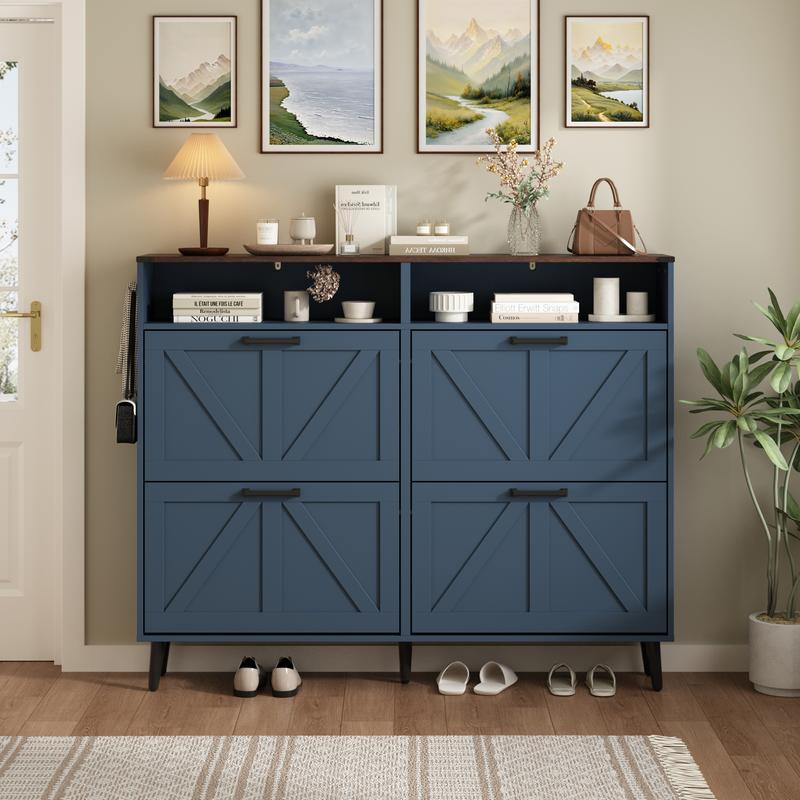PieDle Furniture Shoe Storage Cabinet,Farmhouse Shoe Organizer with 2-4 Flip Drawers & Barn Door Design,Freestanding Hidden Slim Narrow Shoe Rack Cabinet with Open Storage for Entryway, Foyer,Hallway
