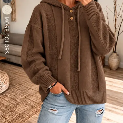 Women's Oversized Loose Baggy Hooded Button-Up Pullover Sweater, Adjustable Drawstring Long Sleeve Chunky Knit Jumper, Warm Cozy Solid Color Casual Top for Autumn and Winter