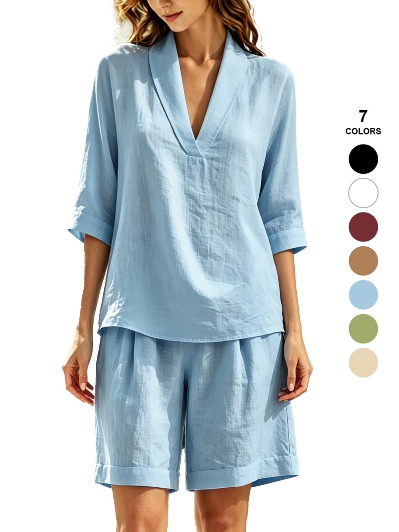 Spring Summer Women's Two-Piece Set, Sexy V-Neck Baggy Short Sleeve T-Shirt Top, Wide Leg Shorts, Beach and Vacation Casual Fashion Loungewear Clothes