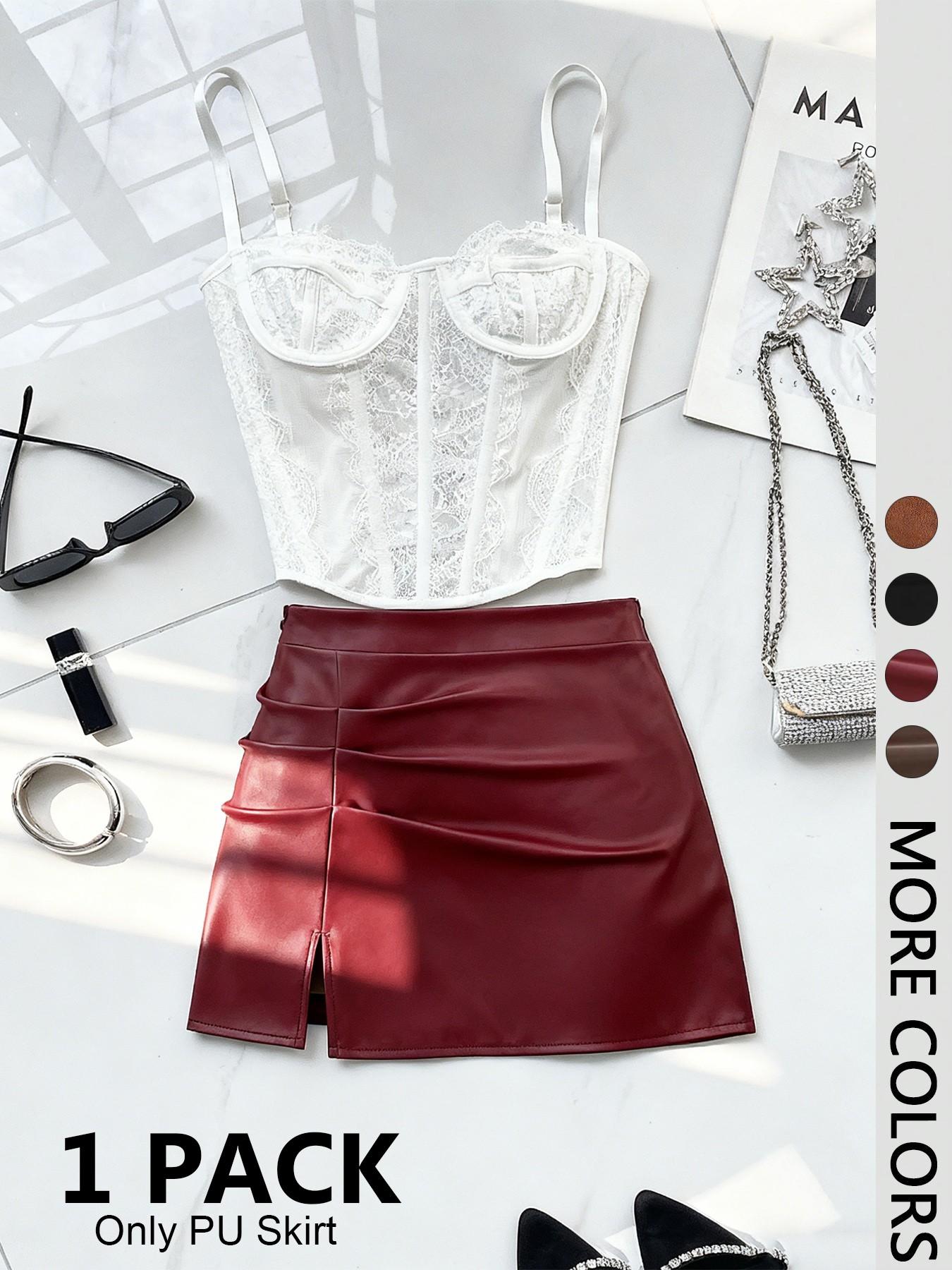 Women's High-Waisted Fitted Mini Short Skirt, PU Leather Chic Vintage Retro Y2K Side-Slit Pleated A-Line Skirt for Spring & Fall for Valentine's Day Date & Party