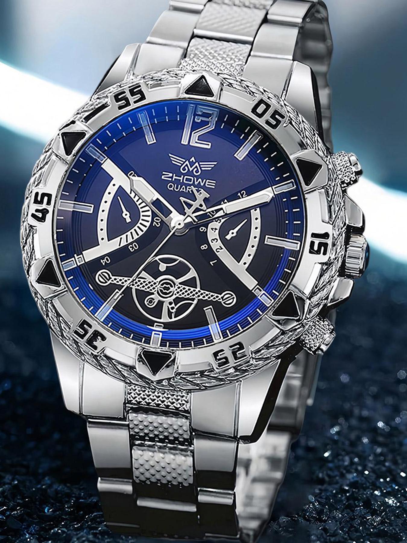 3 counts - Men's Heavy-duty Steel Band Large Dial Watch! Roman Numeral Chronograph, Business Commute All-rounder, Perfect Gift for Father's Day or a Birthday Present for a Partner