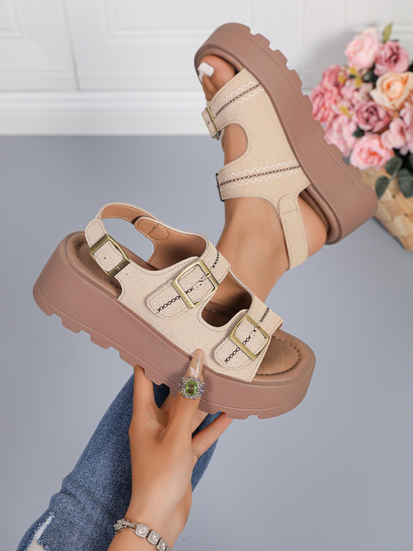 Magic Tape Thick Sole Slippers, 5cm Heel Lift, Breathable Summer Footwear, Plain Design, PU Upper, Rubber Sole, Less Than Ankle Height