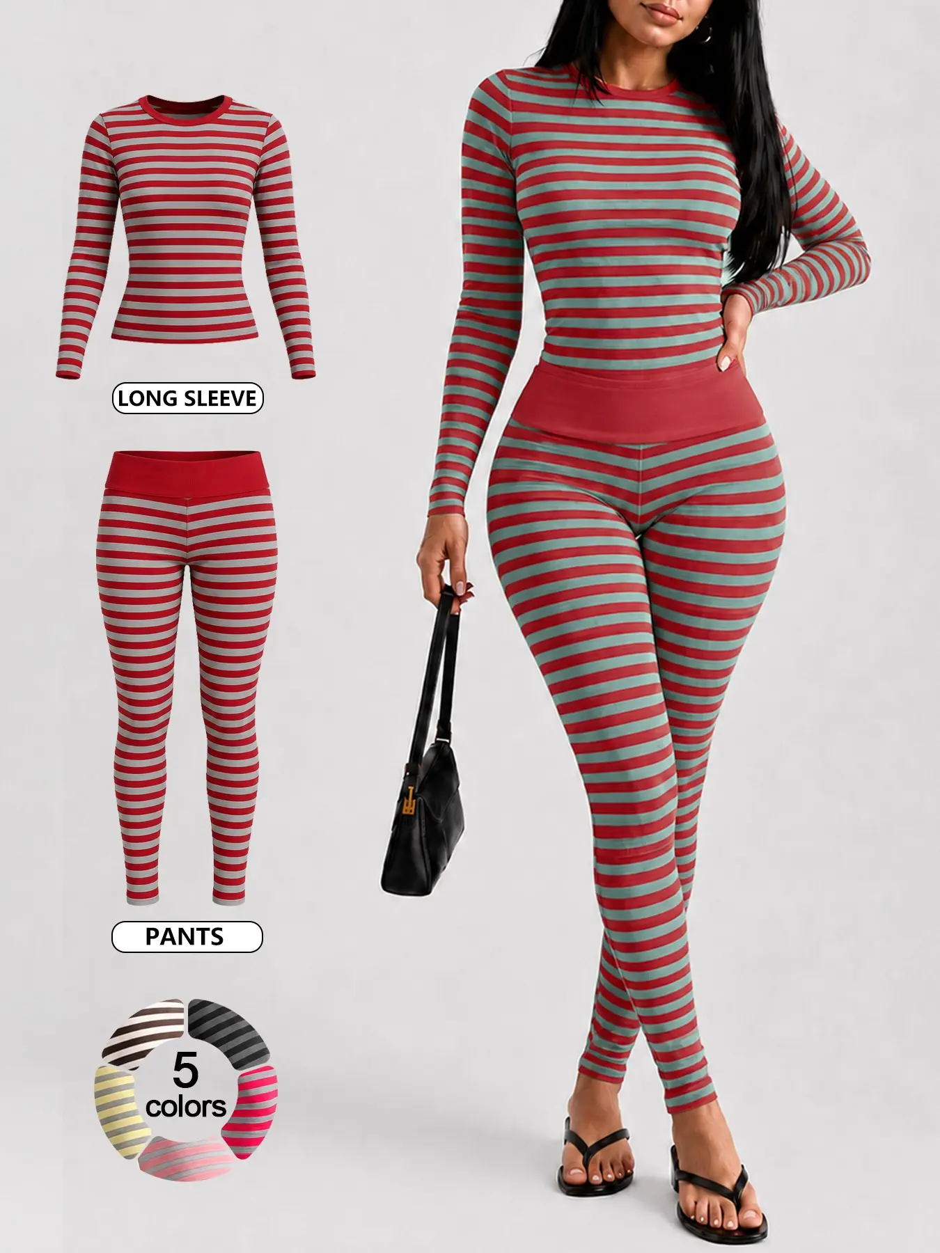 Women’s 2 Piece Long Sleeve Long Pants Pajama Set, Striped Crew Neck 4 Way Stretch Buttery Soft Cooling Comfortable Breathable, High Waist Butt Lifting Tummy Control Yoga Set, Daily Going Out Casual Travel Versatile Loungewear Pj Set