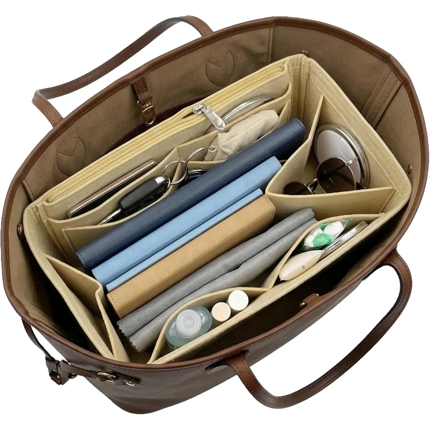 Felt Purse Organizer Insert, Lightweight Multi Pocket Shaper | Zipper pocket, water bottle holder, multi-pocket design keeps bag organized and helps maintain handbag shape