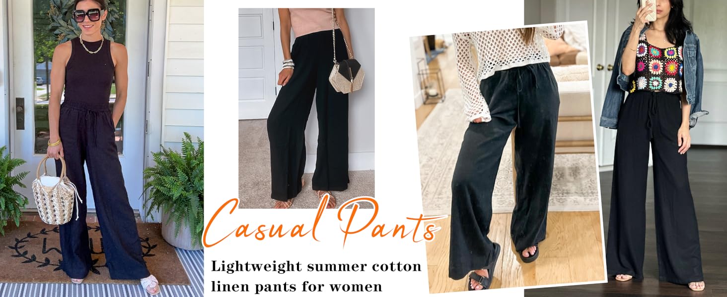 Songling Womens Cotton Linen Palazzo Pants Drawstring Elastic Waist Casual Wide Leg Trousers with Pockets Fit Summer Lightweight Apricot Basic Loose Bottoms Womenswear Wideleg Minimalist