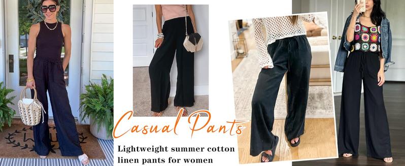 Songling Womens Cotton Linen Palazzo Pants Drawstring Elastic Waist Casual Wide Leg Trousers with Pockets Fit Summer Lightweight Apricot Basic Loose Bottoms Womenswear Wideleg Minimalist