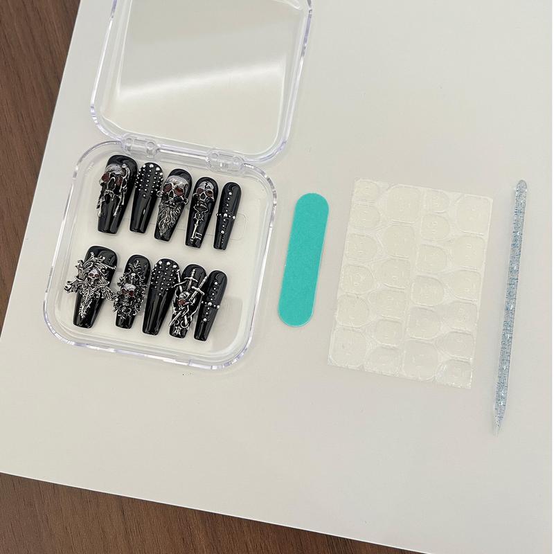 10 PCS Handmade 3D Silver Color Skull Press On Nails, Stylish Acrylic Nails, Halloween Witch Armor Gothic Fake Nails, Long Ballerina/Stiletto Shape, Removable 10 PCS Handmade 3D Silver Color Skull Press On Nails, Stylish Acrylic Nails, Halloween Witch Armor Gothic Fake Nails, Long Ballerina/Stiletto Shape, Removable