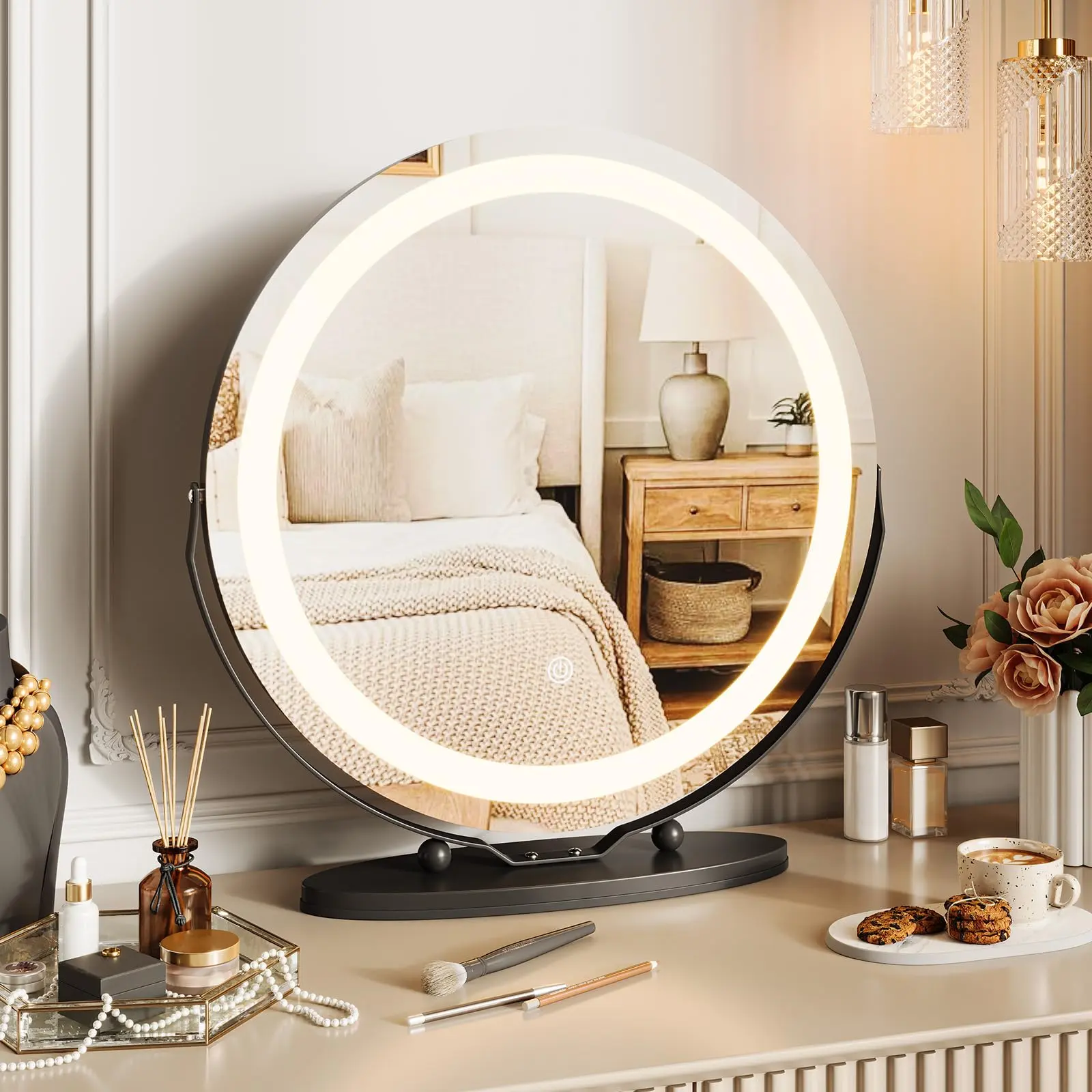 GARVEE 19'' Round Lighted Vanity Makeup Mirror, 3 Color Modes, Dimming Halo & Touch Control, 360° Rotation, Black