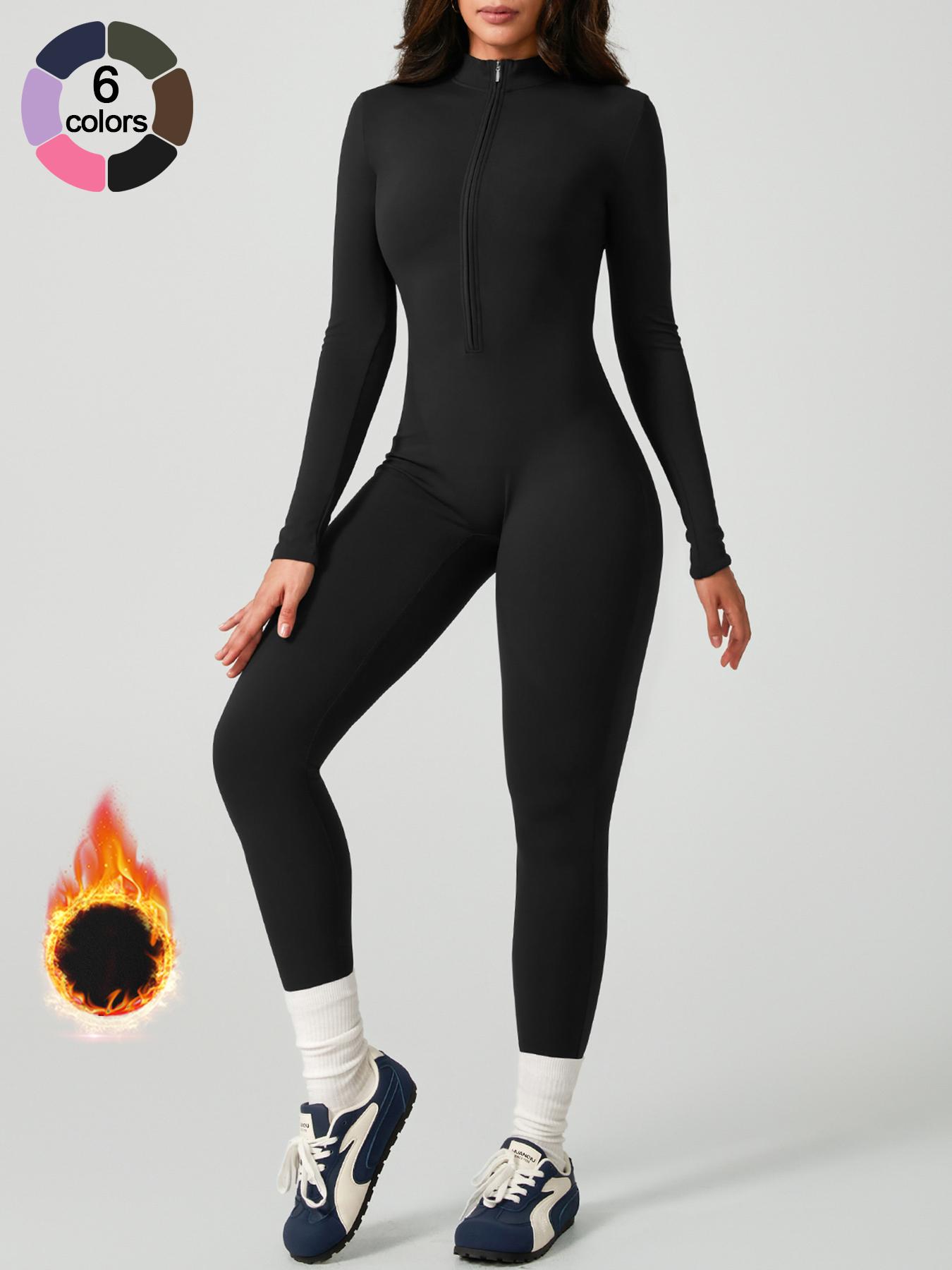 Women's Sporty Tight-Fit Long Sleeve Workout Jumpsuit, Plain Pattern, Fleece Lined, Half-Zipper Design, Fall & Winter Yoga Gym