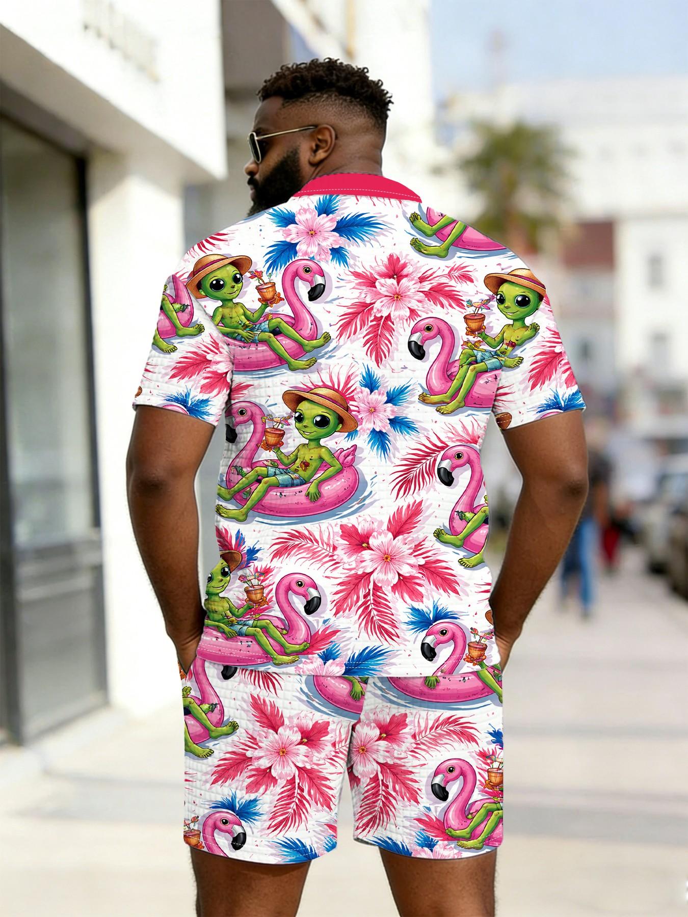 Men's Humorous Firebird Alien Print Polo Set, Large Size Zipper Design, Summer Casual Breathable Beach Wear, Loose-Fitting Blouse