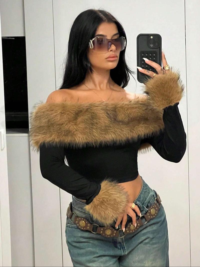 Fluffy Collar Spliced Shoulder Long Sleeve T-Shirt, Fashionable and Elegant, Perfect for Autumn Winter Seasons, Women's Casual Top Fluffy Collar Spliced Shoulder Long Sleeve T-Shirt, Fashionable and Elegant, Perfect for Autumn Winter Seasons, Women's Casual Top