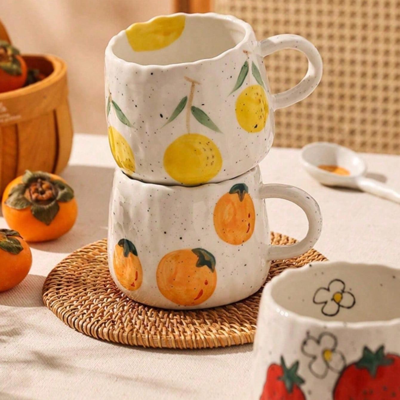 Hand-Drawn Fruit Pattern Ceramic Coffee Mug, Perfect Gift for Home Office Activities Christmas Birthdays, Unique Artistic Design, Ceramic Mugs