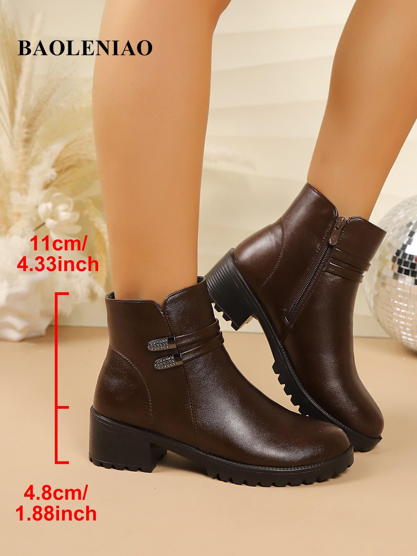 Women's Winter Short Ankle Boots, Fashionable Boots, Rhinestone Decor Side Zipper, Boots With Zipper, Anti-Slip Chunky Heel Leather Warm Chelsea Boots, Daily Wear
