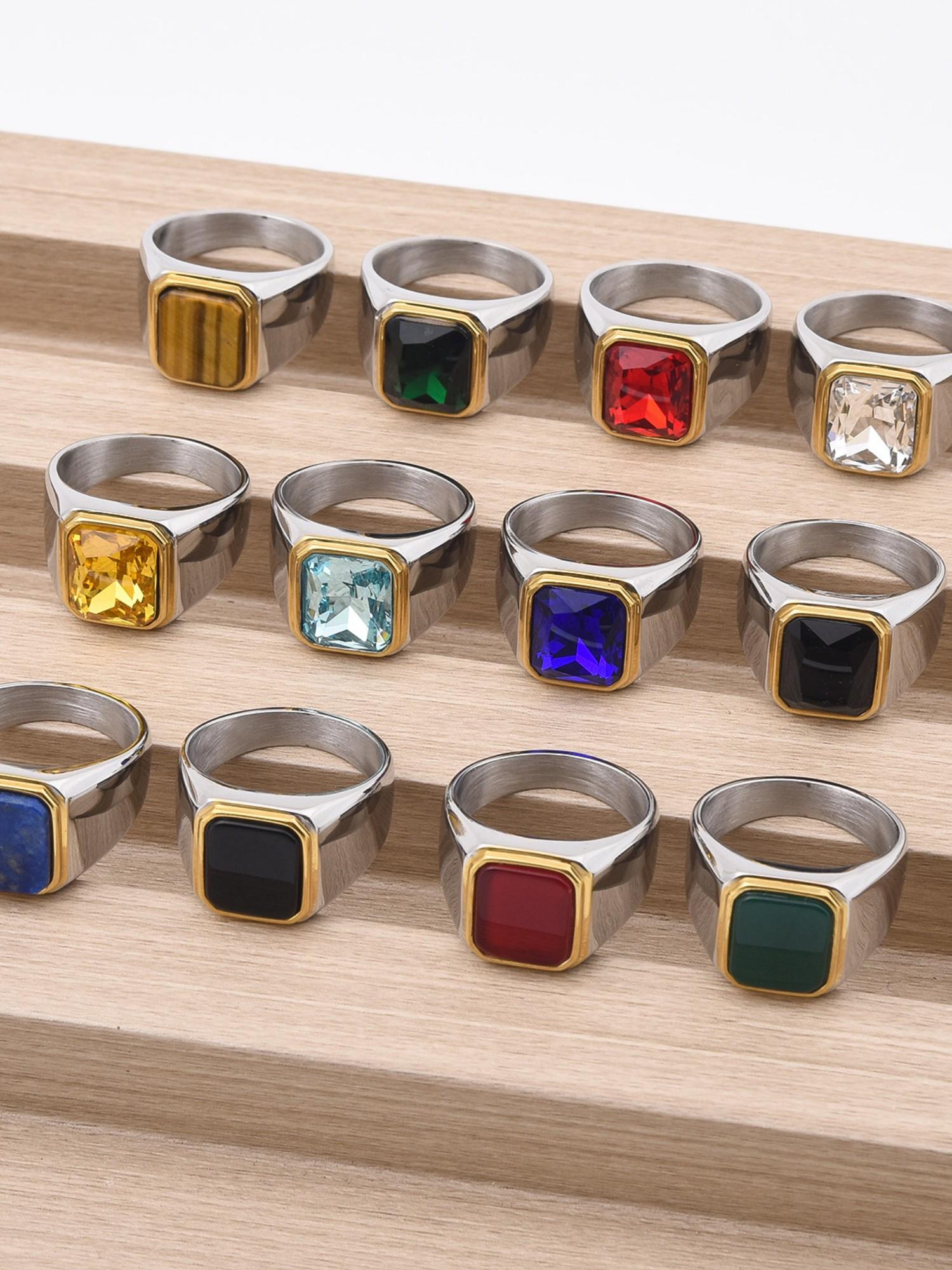 Luxury Male Ring Multi-Color Gemstone 316L Steel High Quality 18k Gold Plated Business Wedding Statement Ring Two-Tone Design