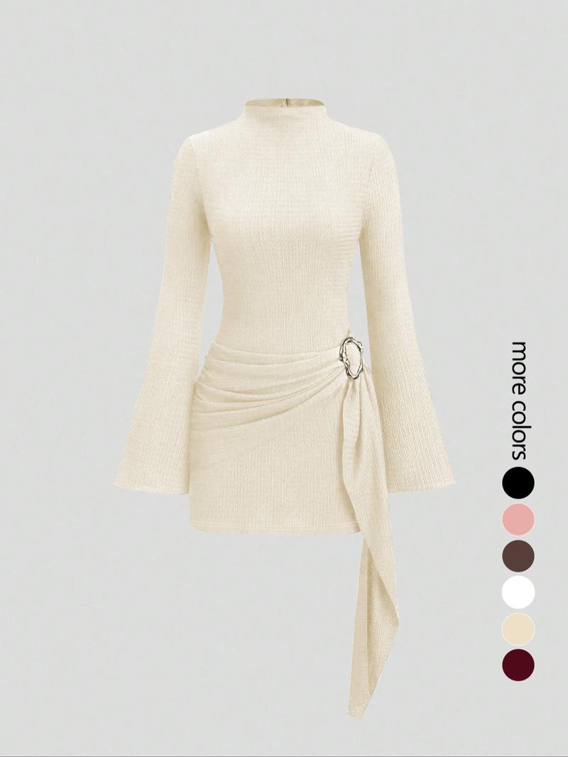 Women's Stand Collar Cinched Waist Minimalist Flare Sleeve Bodycon Midi Dress