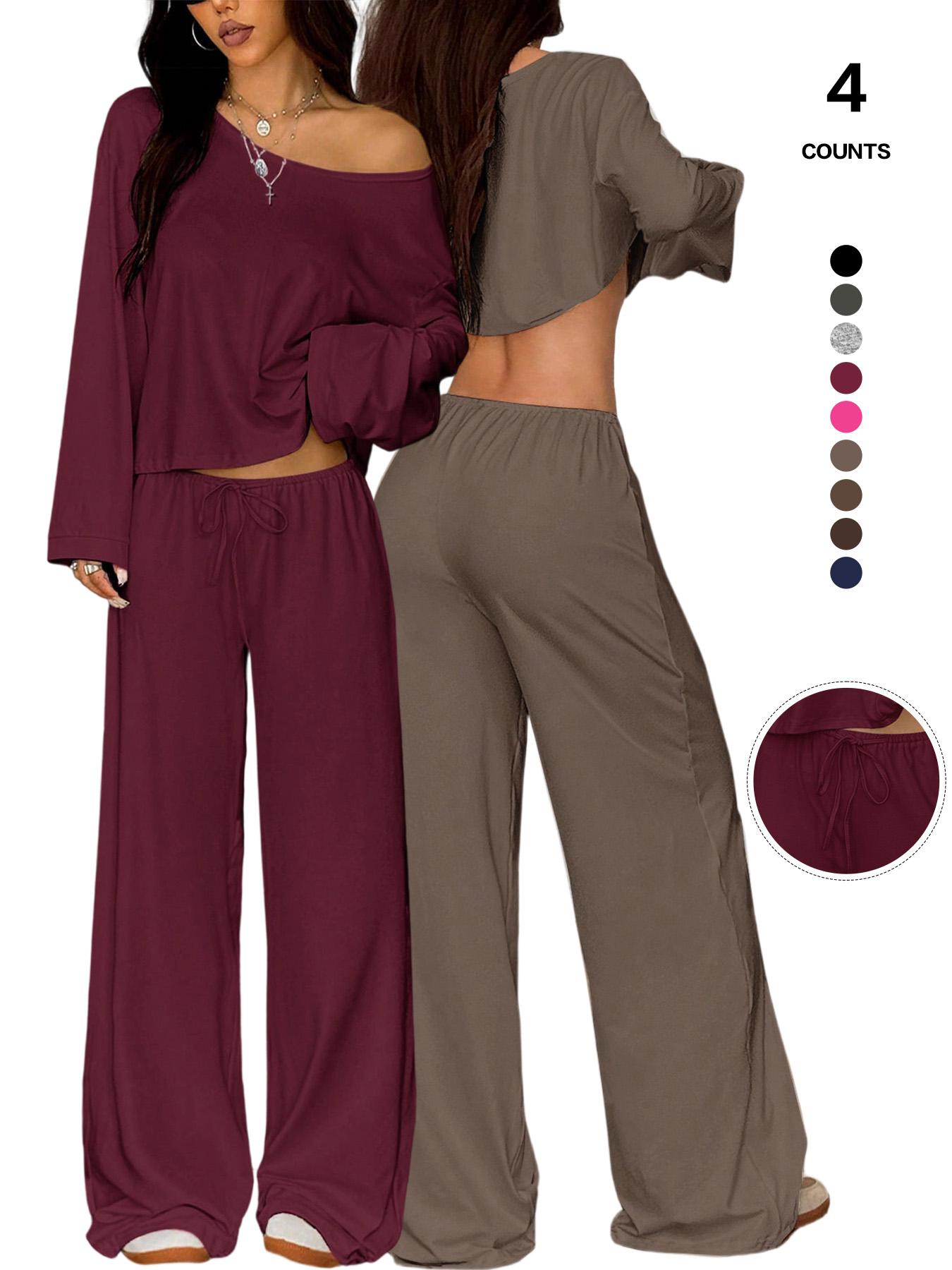 Women's 2 Piece Matching Lounge Set Off The Shoulder Long Sleeve Top and Drawstring Wide Leg Pants Casual Sweatsuit
