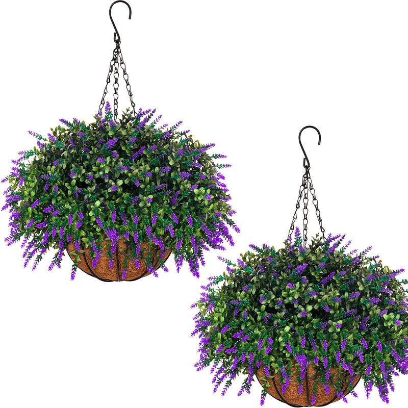 2sets hanging planters for outdoor plants with artificial flowers,2 coconut fiber hanging baskets, 60 artificial lavender flowers,for Summer and Spring Home Porch, Patio, and Terrace Decoration