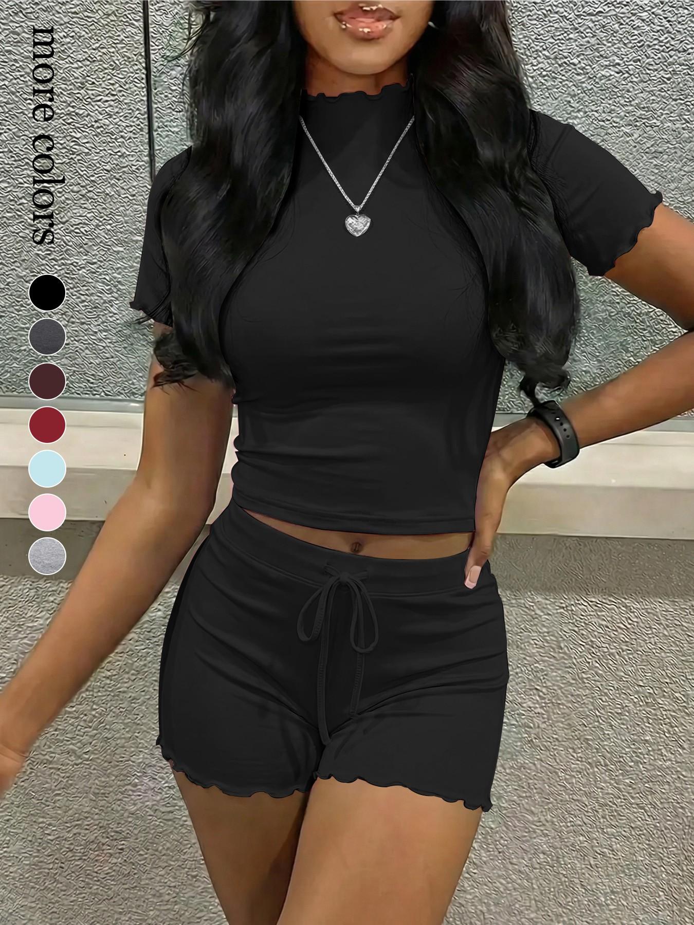 Women's 2 Piece Lounge Set, Short Sleeve Mock Neck Top & Drawstring Ruffle Shorts, Y2K Aesthetic Cozy Summer Pajama Sleepwear