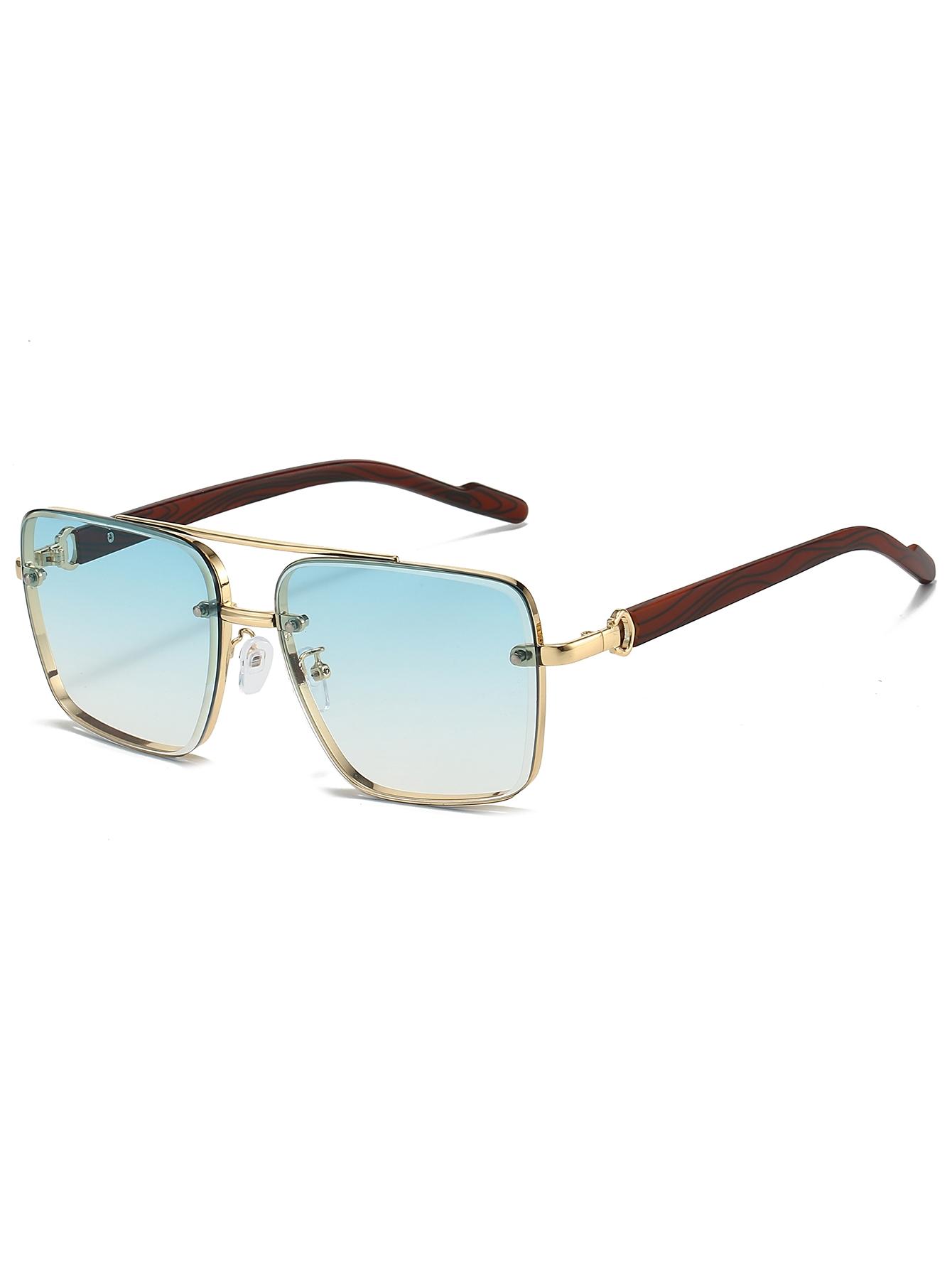 Men's New Full Frame Square Glasses, Retro Dual Bridge Design, Imitation Wood Texture Temples, Metal Frame, Classic Fashion Decorative Eyewear, Square Frames