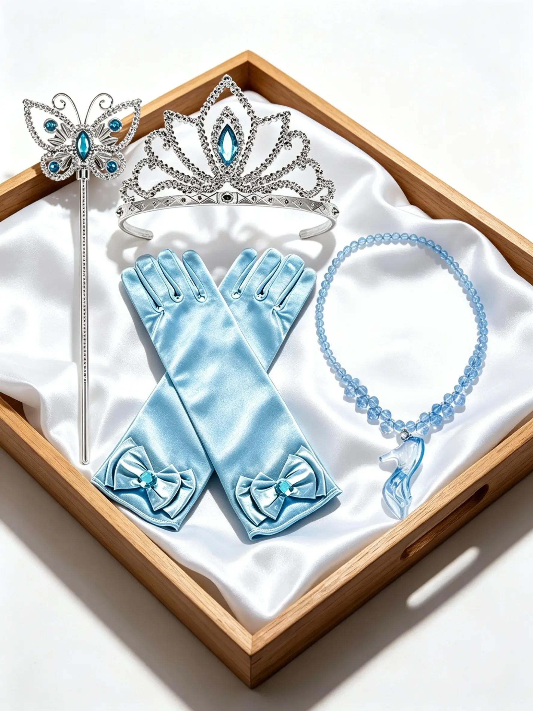 Princess Costume Accessories Set for Girls, Satin Gloves, Rhinestone Crown Tiara, Magic Wand, Beaded Necklace Bracelet Ring, Classic Royal Style for Birthday Party, Halloween, Dress‑up Play
