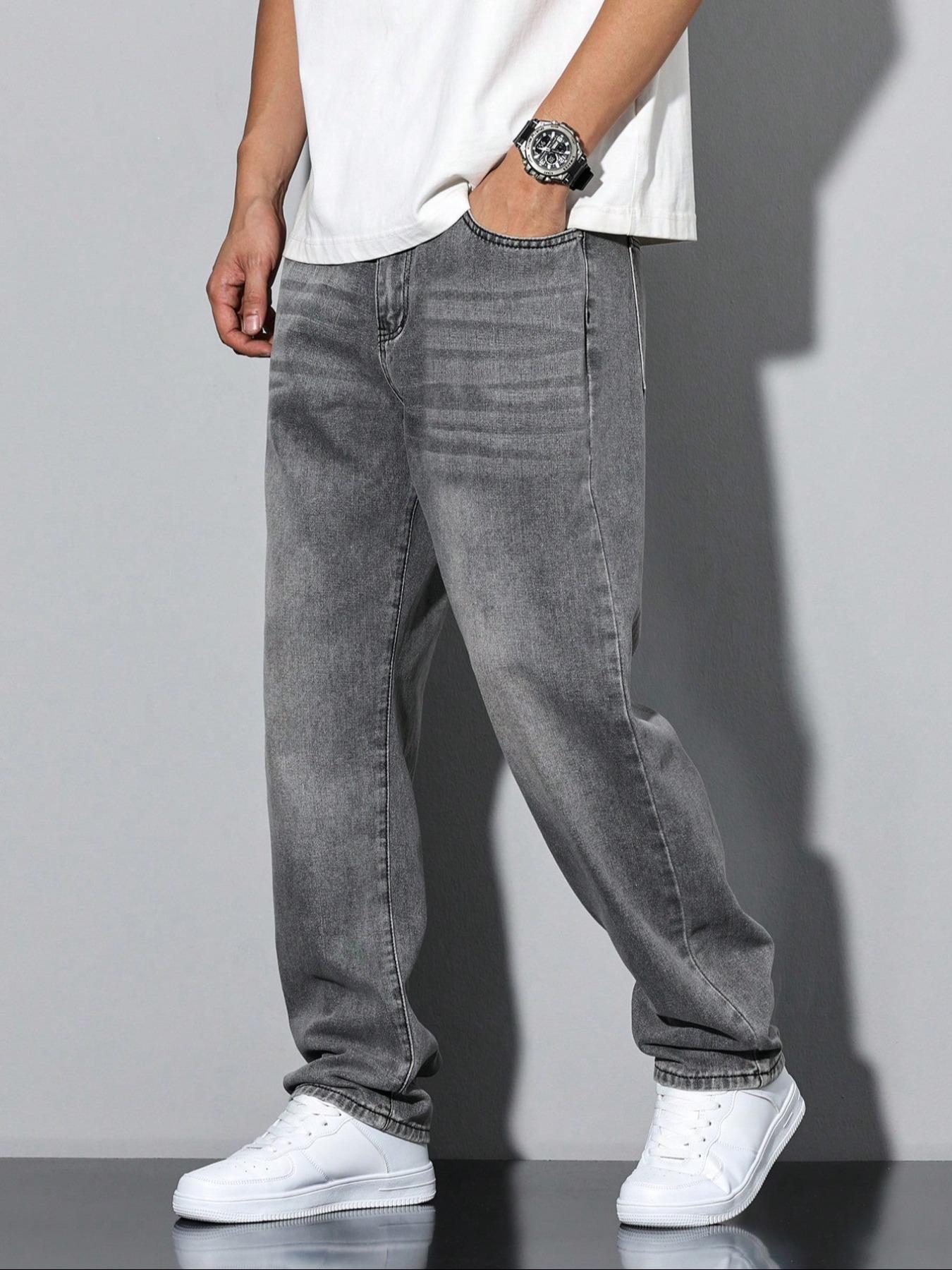 Men's Straight Leg Denim Jeans, Street Style Loose-Fit Casual Pants, All Season Fashionable High-Street Long Trousers, Relaxed Fit Jeans