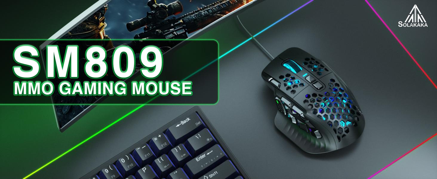 SOLAKAKA SM809 Wired MMO Gaming Mouse with 9 Side Buttons, 22800 DPI RGB Programmable Macro Mouse for PC