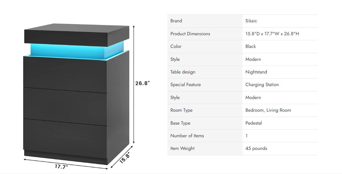 Sikaic Nightstand With Sliding Top Charging Station And LED Lights Bedside Cabinet Modern Dressing Table