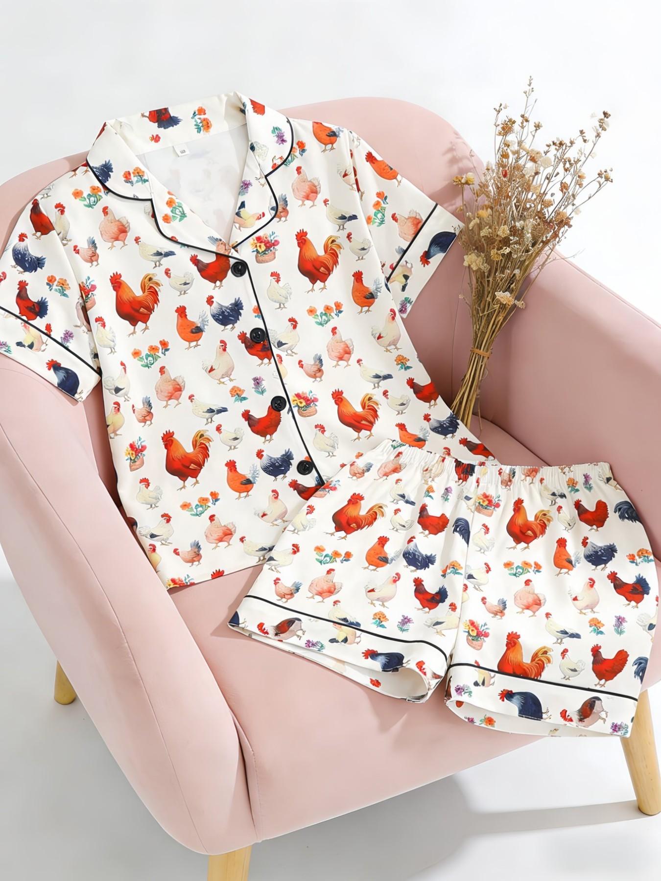 Sleepwear Sets, Cute Rooster Cartoon Pattern, Fashionable Button-Down Design, Short Sleeves & Shorts, All Seasons Wear