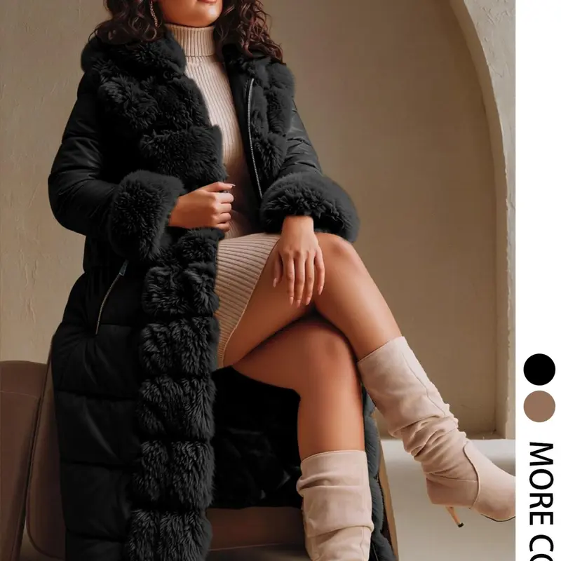 Women's Winter Long Hooded PU Cotton Coat, Elegant Fitted Warm Lightweight Jacket with Belt, Vintage Plush Patchwork, Fall & Winter Outerwear