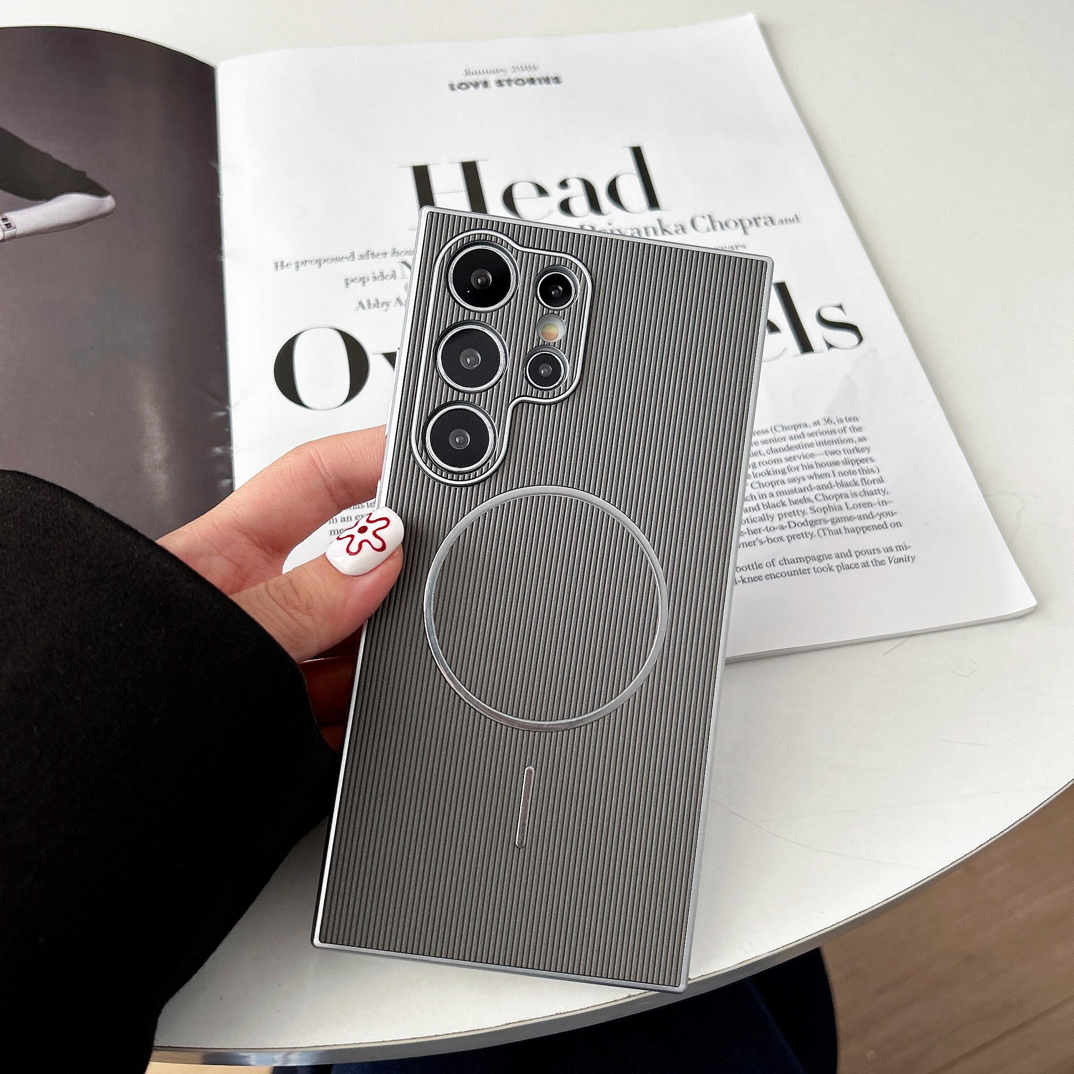 Electroplated Silver Vertical Stripe Magnetic Phone Case, Shockproof Samsung Galaxy S26/s25/s24 Series, Unisex Gift Idea