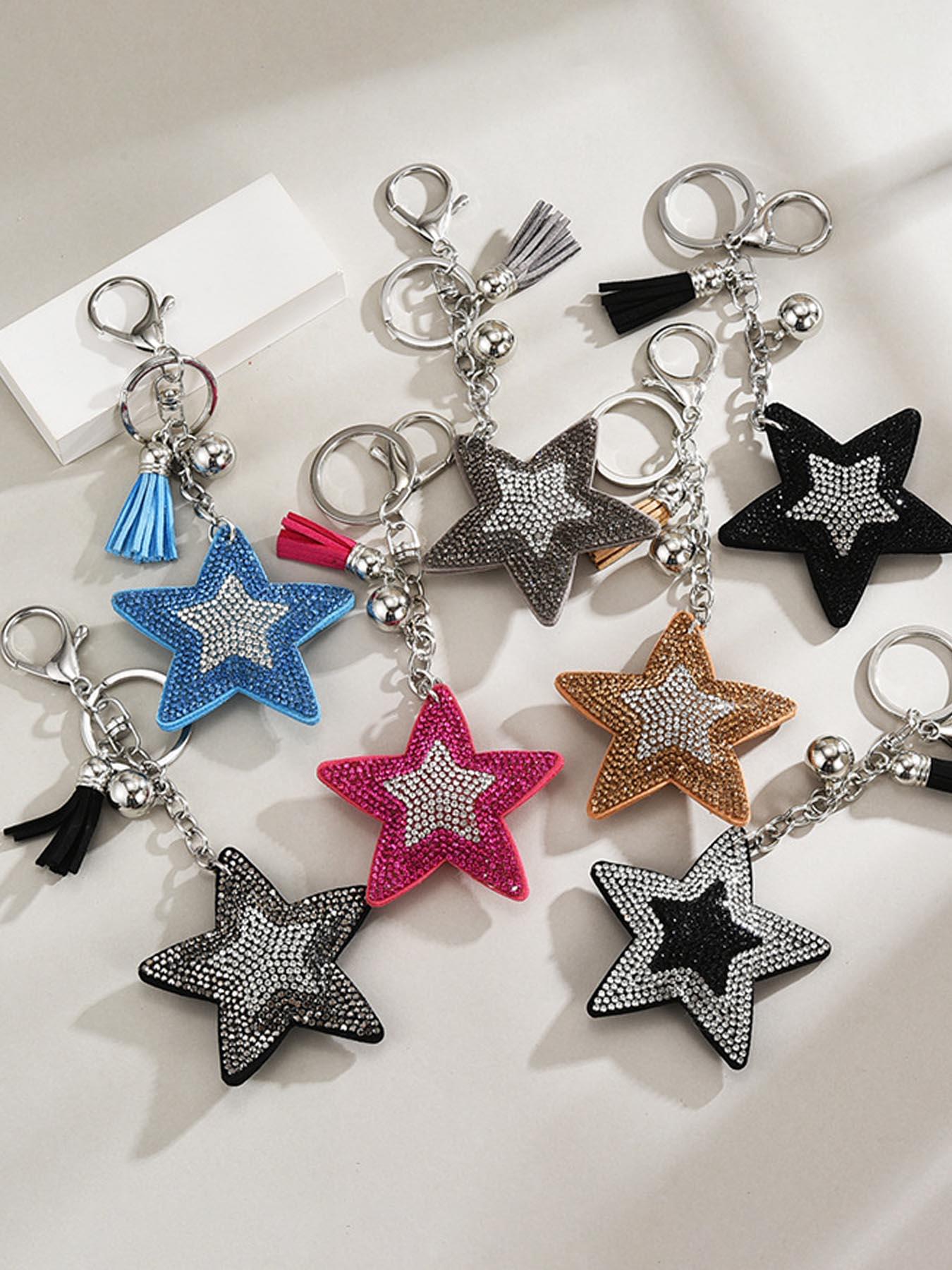 Elegant Two-Tone Rhinestone Star Sequin Keychain, Boho Style Beach Bag Charm, Dual-Sided Design, Fringe Key Ring Accessory