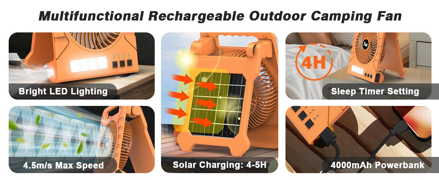 Solar Camping fan portable with LED light , Rechargeable, 4-Speed, Timer, Cordless, Hanging Hook for Outdoor, Travel, Hiking, Beach, Tent, Home Use