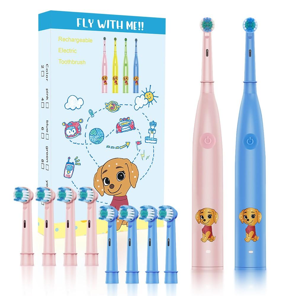 Rotating Childrens Electric Toothbrush, Rechargeable Toothbrush, 5 Speed Settings, Cartoon Kids Teeth Cleaning Brush with 4 Replacement Heads