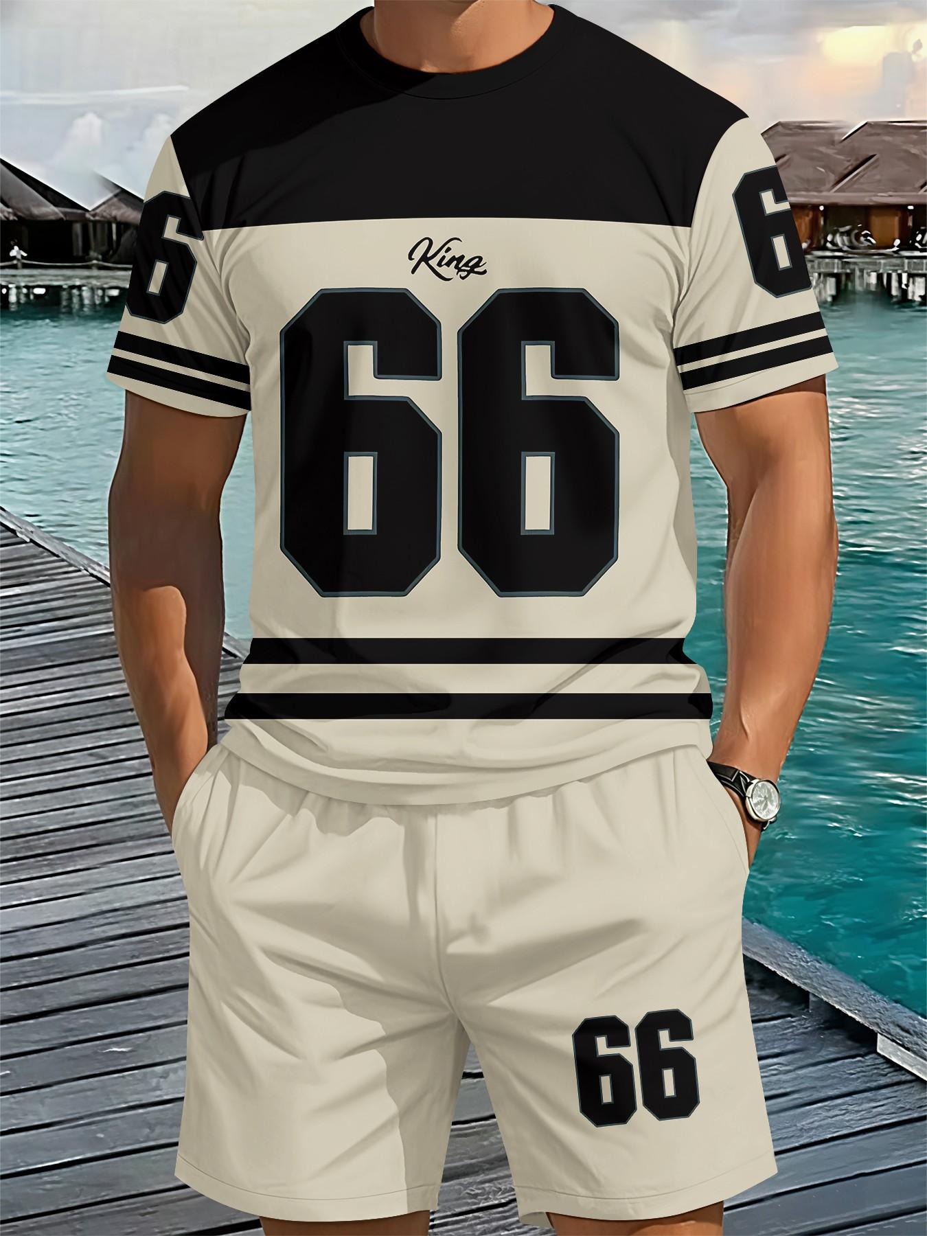 Style No. 66 King American Retro 3D Digital Print Two-Piece Set, 2Pcs, Trendy Fashion Set, Trendy Retro Casual Two-Piece Set, Vacation Style Trendy Outfit, Breathable Sports Casual Style, Perfect Holiday Gift for Men