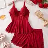 【Black Friday】Women's Plain Lace Patchwork Bow Decor Cami Top & Shorts PJ Set, Adjustable Spaghetti Strap Camisole & Elastic Waist Shorts, Ladies Sleepwear for All Seasons, Pajamas