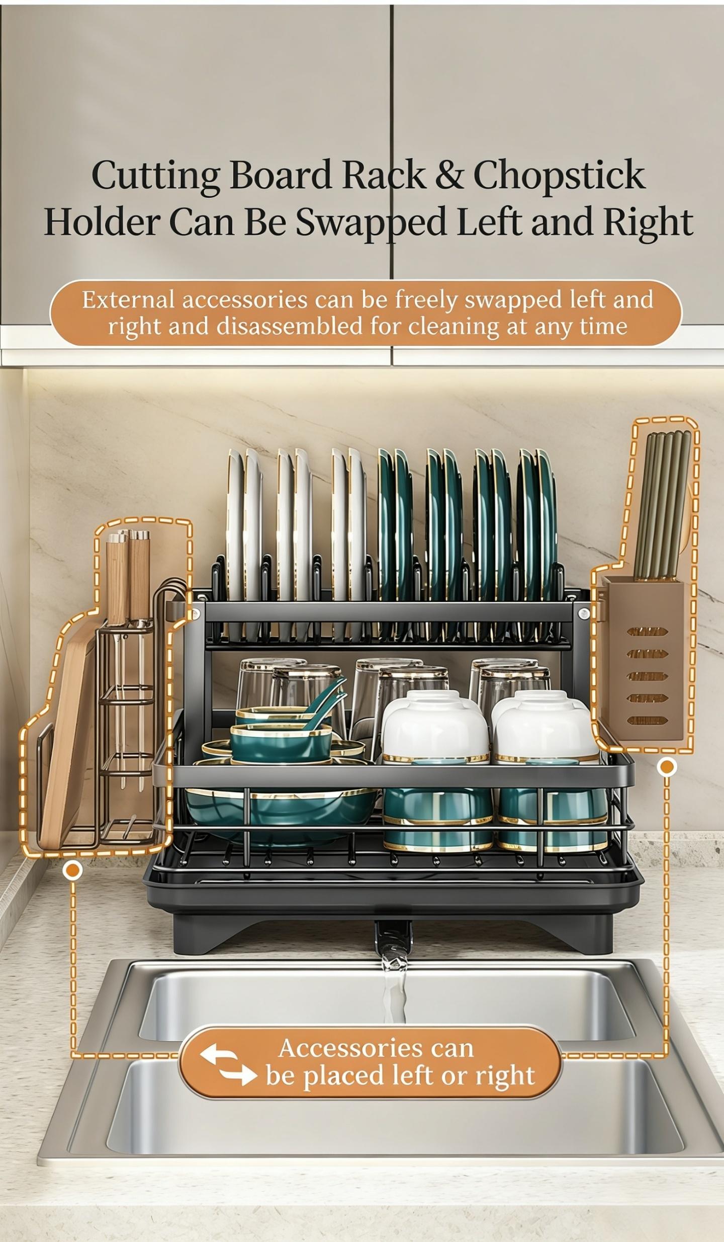 Two-Tier Large Metal Dish Rack for Kitchen Countertops, Space-Saving & Durable Design, Includes Slots for Knives Forks Cup Holders