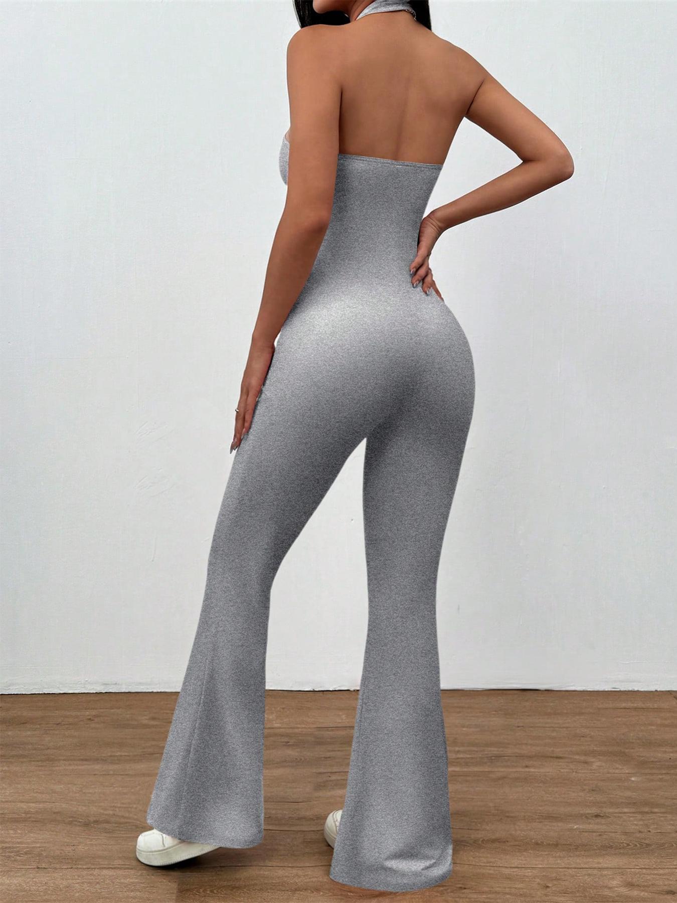 Women's Halter Neck Jumpsuit, Sleeveless Deep V Backless Chic Design, Flare Leg Romper for Casual Wear