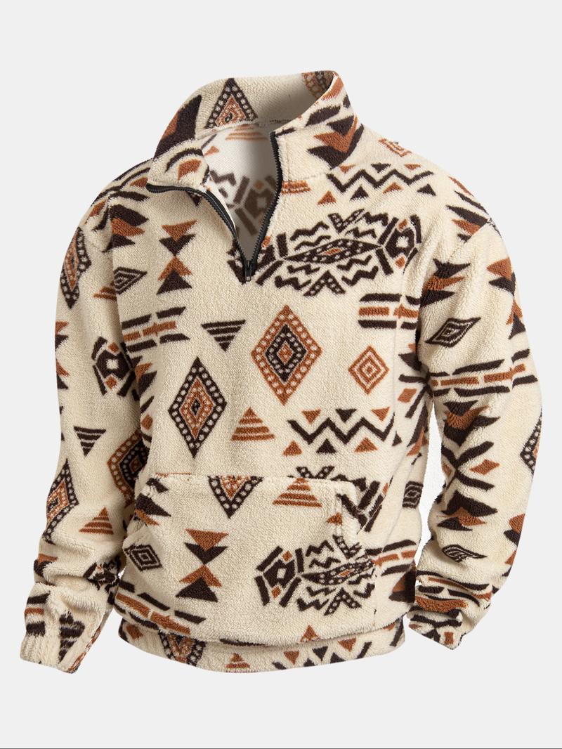 Men's Flannel Ethnic Print Hoodie, High Neck Half-Zip Pullover with Pocket, Warm Autumn Winter Casual Sportswear